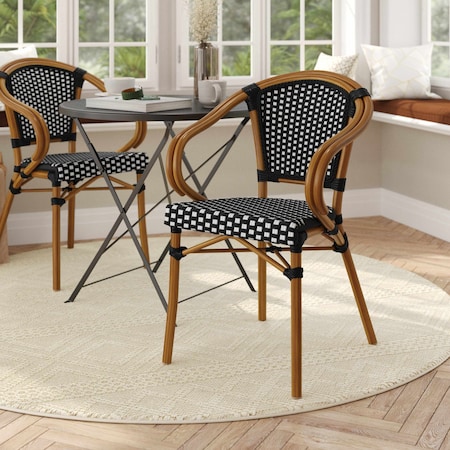 Flash Furniture Bordeaux French Bistro Stacking Chair w/Arms, Black and White PE Rattan and Bamboo Print Alum Frame SDA-ADS642142-BKWH-NAT-GG